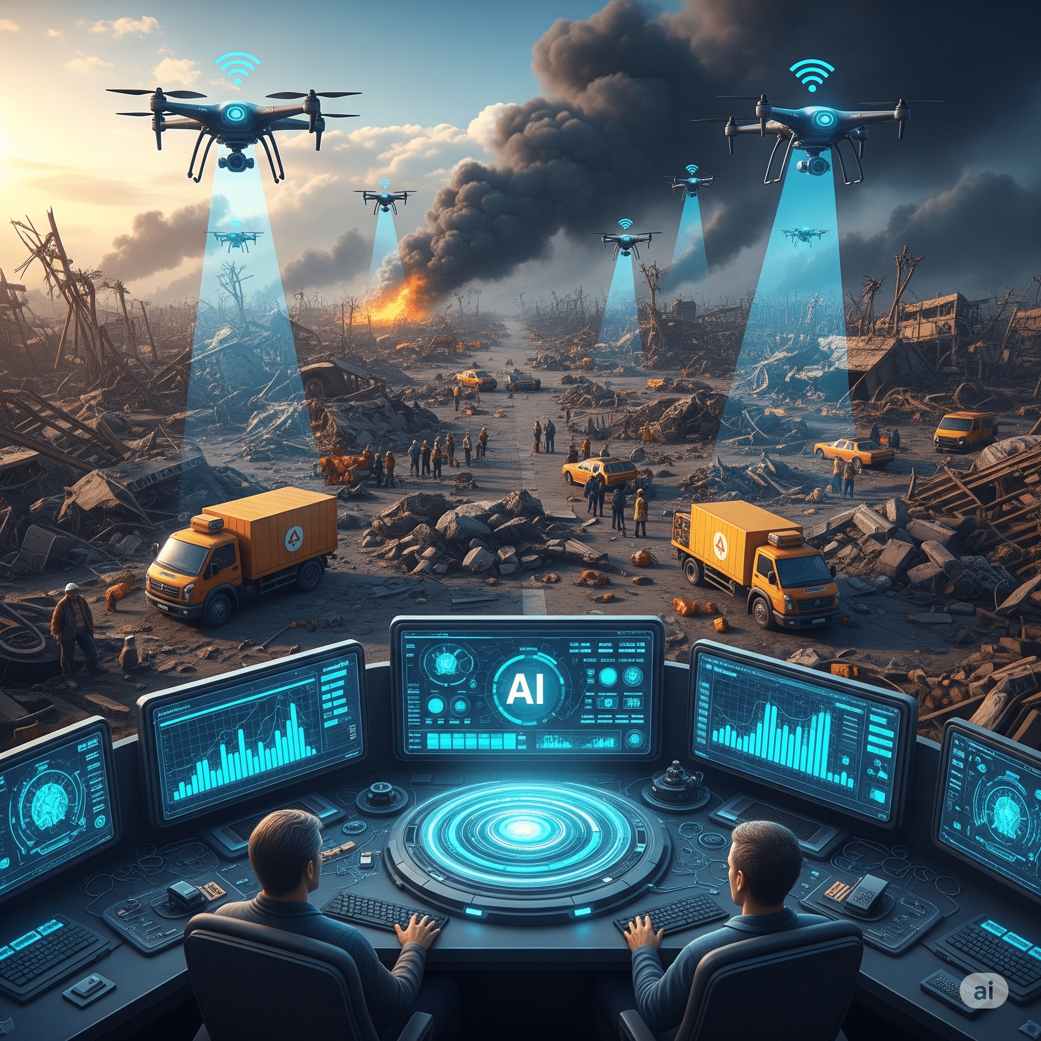 AI Drones for Disaster Response flying over a city