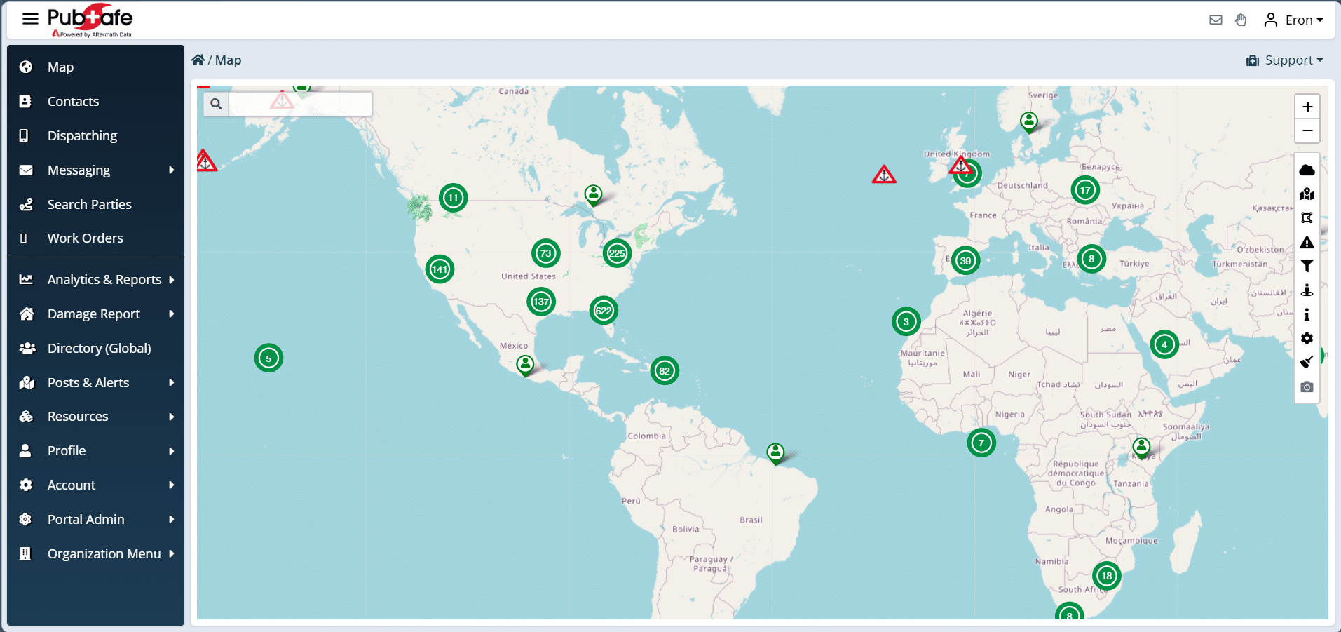 Global team tracking map view