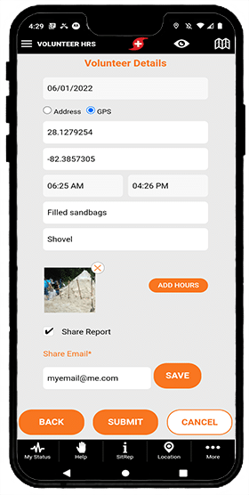 PubSafe mobile app showing volunteer hours