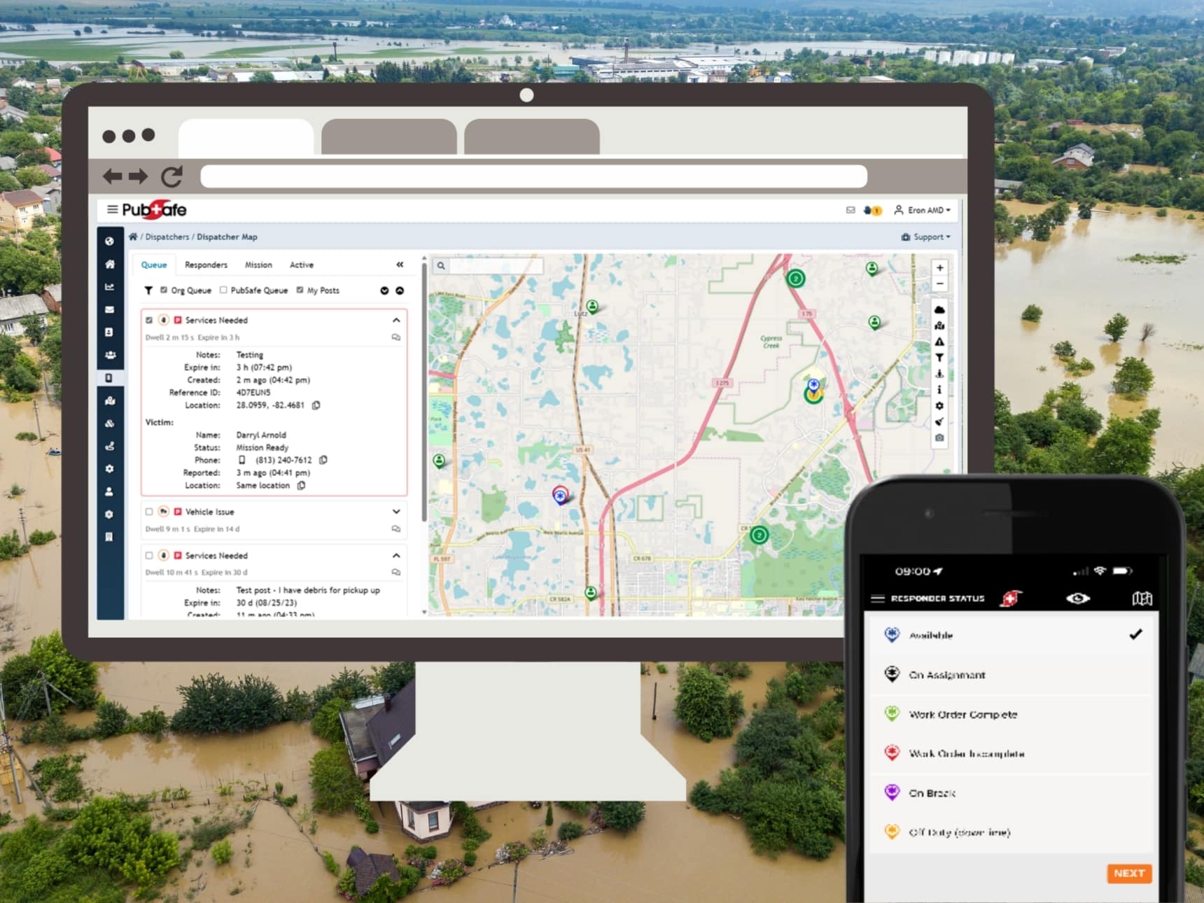Team Management Work Orders Emergency responders coordinating flood rescue operations from a command center with digital maps showing flood zones and evacuation routes