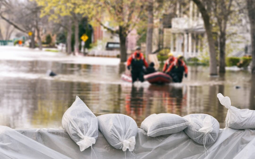 Flood Protection Sandbags with flooded homes in the background (Montage)